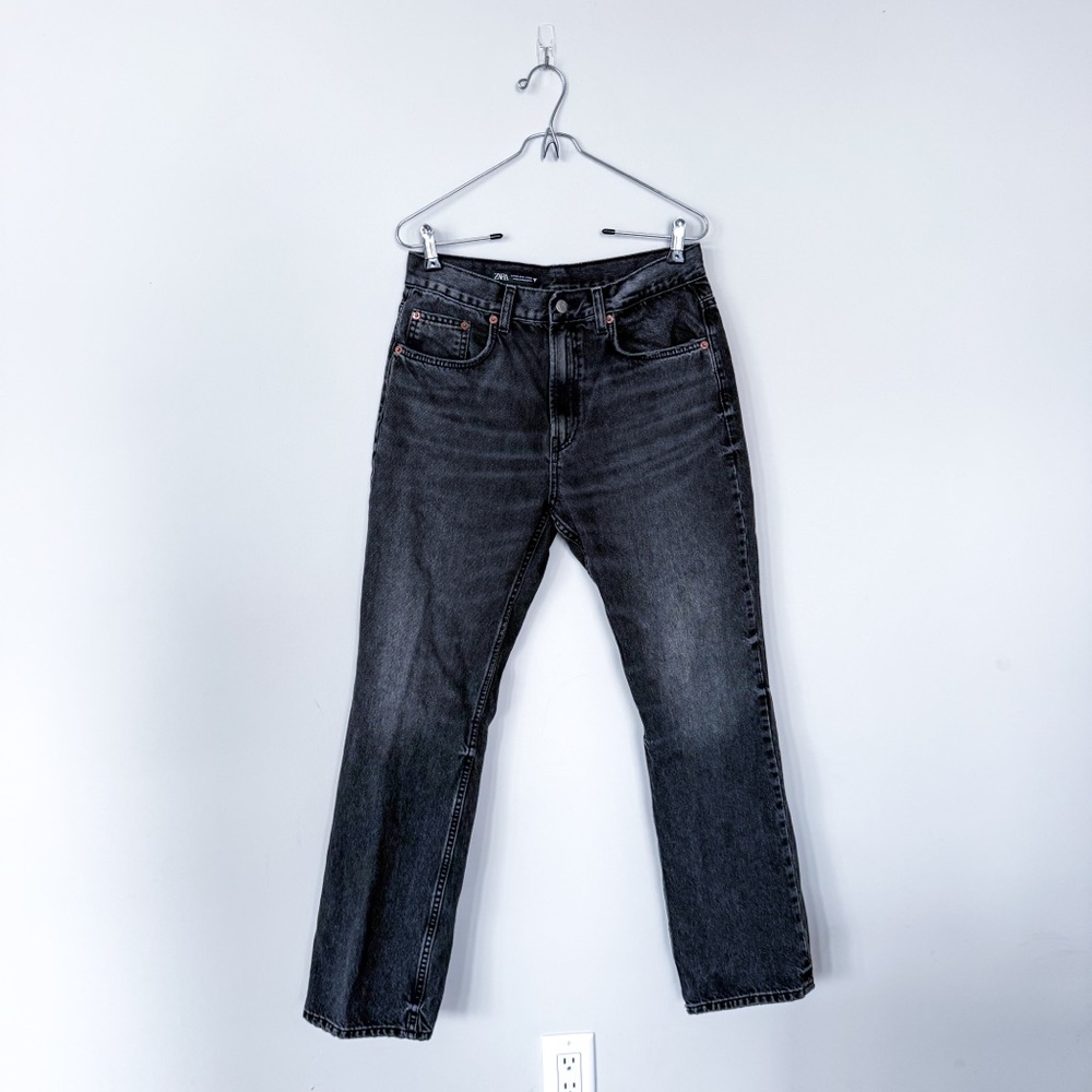 Zara Black Denim High Waisted Jeans Pants Straight Leg Lightly Faded